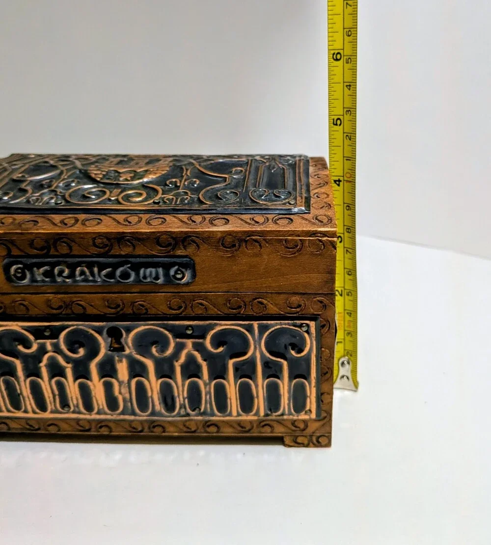 Vintage Kraków Wooden Box Castle Motif Metal Inlay Souvenir with Matching Key